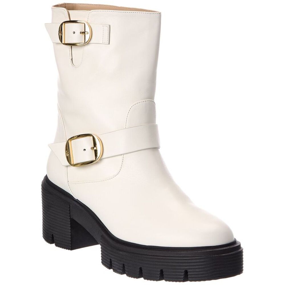 Stuart Weitzman Soho Moto Leather Bootie, White